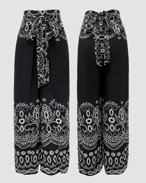 2 Pieces Outfits Tribal Print Keyhole Neck Sleeveless Top and Wide Leg Tied Detail Slit Pants Sets black