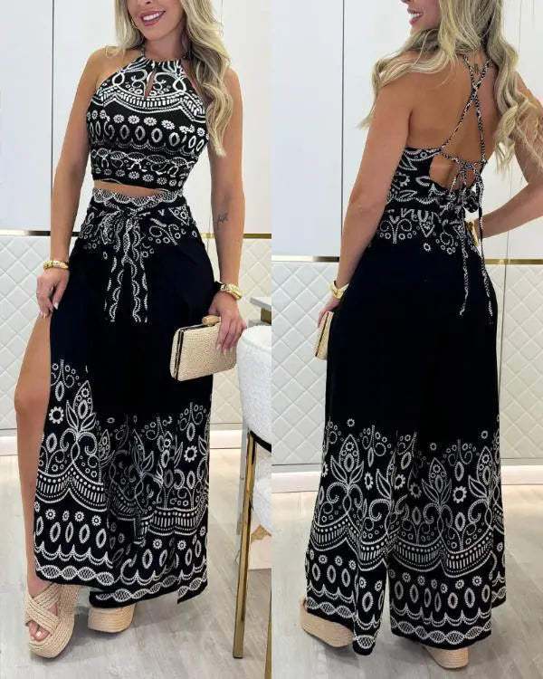 2 Pieces Outfits Tribal Print Keyhole Neck Sleeveless Top and Wide Leg Tied Detail Slit Pants Sets black