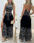 2 Pieces Outfits Tribal Print Keyhole Neck Sleeveless Top and Wide Leg Tied Detail Slit Pants Sets black