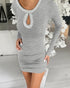 Rhinestone Decor Long Sleeve Hollow Water Drop Bodycon Dress Casual Side Ruched Mini Dress gray