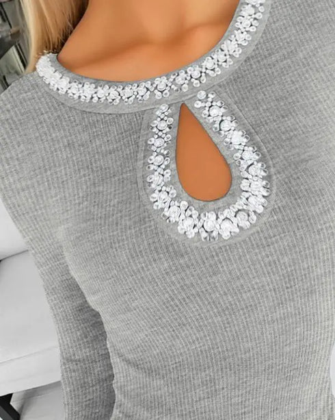 Rhinestone Decor Long Sleeve Hollow Water Drop Bodycon Dress Casual Side Ruched Mini Dress gray