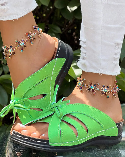 Hollow Out Tied Detail Wedge Slippers green