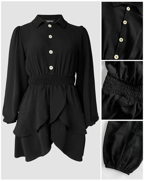 2 Pieces Outfit Notched Collar Lantern Sleeve Button Front Shirred Asymmetrical Ruffle Hem Top and Casual Elastic Waist Shorts Set With Belt black