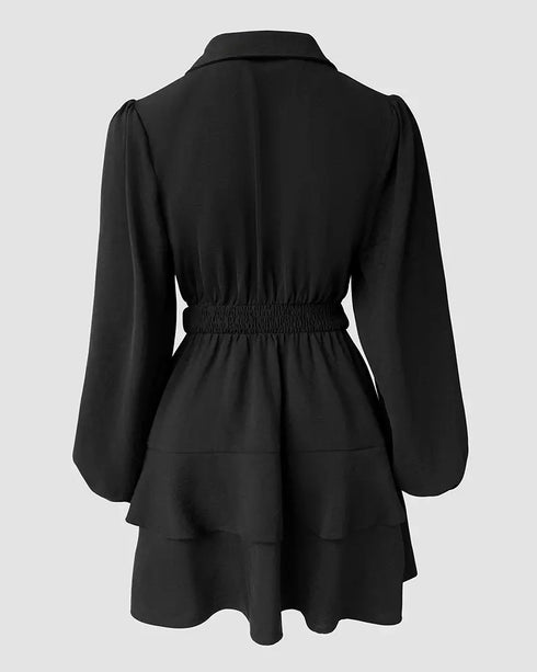 2 Pieces Outfit Notched Collar Lantern Sleeve Button Front Shirred Asymmetrical Ruffle Hem Top and Casual Elastic Waist Shorts Set With Belt black