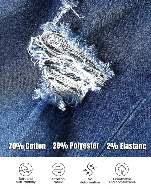 Button Front Pockets Design Ripped Asymmetrical Hem Trousers Slim Fit Raw Hem Washed Denim Pants blue