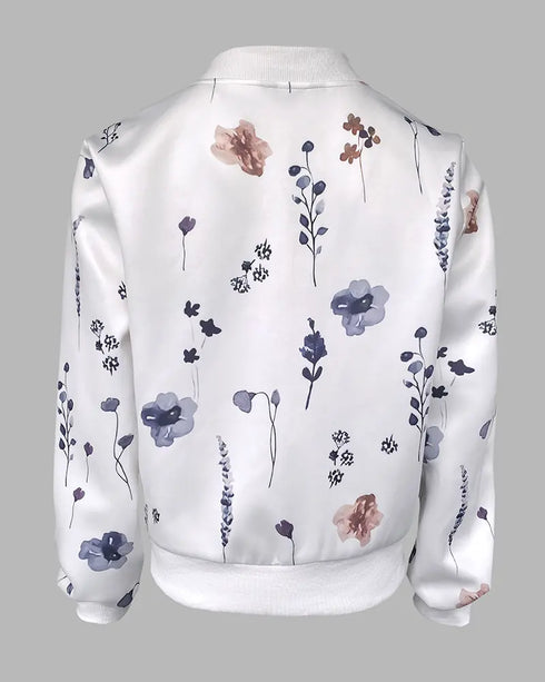 Plants Print Long Sleeve Casual Zipper Baseball Coat white