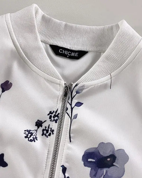 Plants Print Long Sleeve Casual Zipper Baseball Coat white
