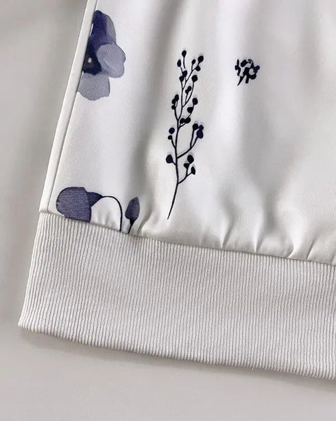 Plants Print Long Sleeve Casual Zipper Baseball Coat white