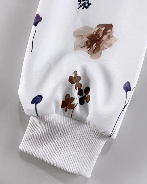 Plants Print Long Sleeve Casual Zipper Baseball Coat white