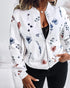 Plants Print Long Sleeve Casual Zipper Baseball Coat white