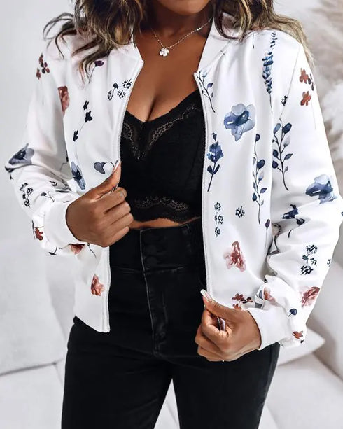 Plants Print Long Sleeve Casual Zipper Baseball Coat white