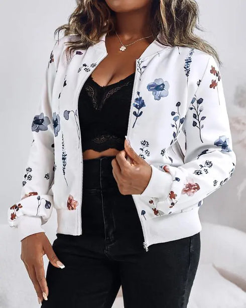 Plants Print Long Sleeve Casual Zipper Baseball Coat white