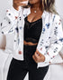 Plants Print Long Sleeve Casual Zipper Baseball Coat white