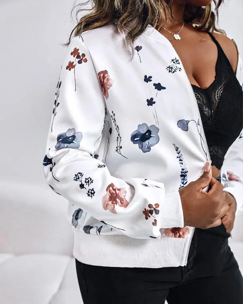 Plants Print Long Sleeve Casual Zipper Baseball Coat white