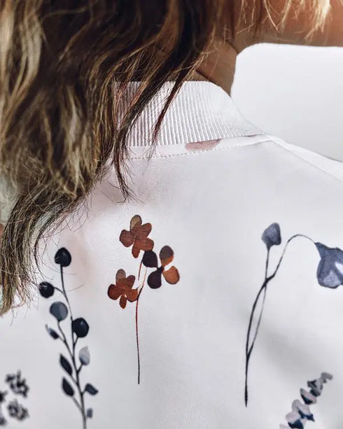 Plants Print Long Sleeve Casual Zipper Baseball Coat white