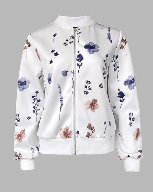 Plants Print Long Sleeve Casual Zipper Baseball Coat white