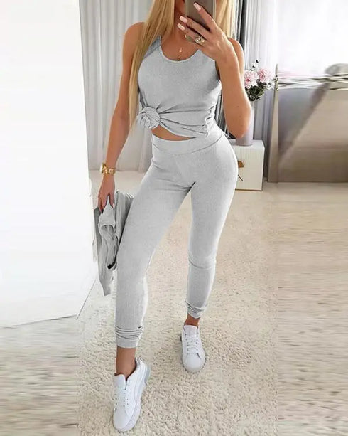 3 Piece Ribbed Tank Top and Crewneck Long Sleeve Tops High Waist Pants Tracksuit gray