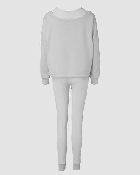 3 Piece Ribbed Tank Top and Crewneck Long Sleeve Tops High Waist Pants Tracksuit gray