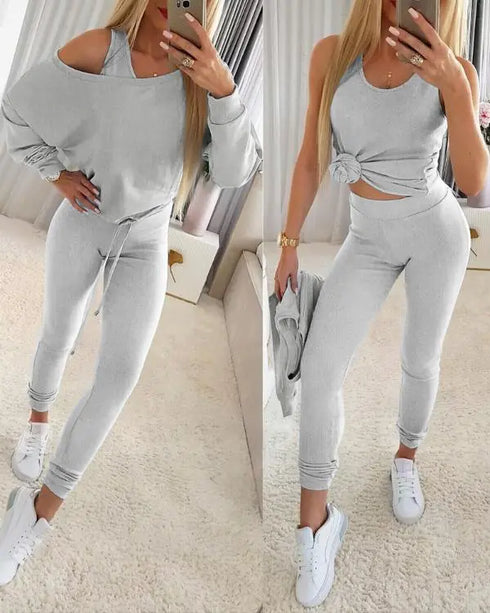 3 Piece Ribbed Tank Top and Crewneck Long Sleeve Tops High Waist Pants Tracksuit gray