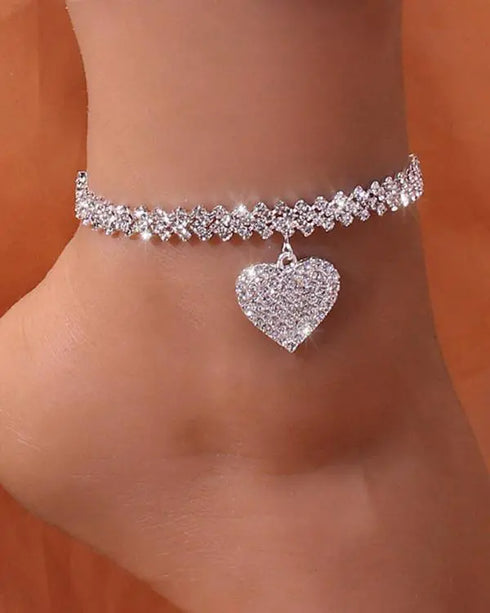 1pcs Double Layered Heart Rhinestone Anklet silver