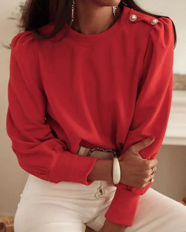 Round Neck Long Sleeve Button Decor Sweatshirt red