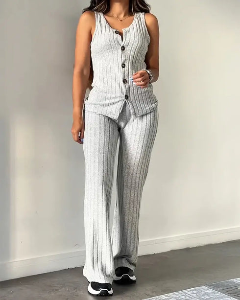 2 Pieces Outfit V-Neck Sleeveless Button Front Vest Top and Elastic Waist Slightly Flared Pants Set Casual Ribbed Brushed Loungewear gray