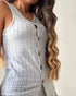 2 Pieces Outfit V-Neck Sleeveless Button Front Vest Top and Elastic Waist Slightly Flared Pants Set Casual Ribbed Brushed Loungewear gray
