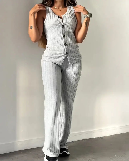 2 Pieces Outfit V-Neck Sleeveless Button Front Vest Top and Elastic Waist Slightly Flared Pants Set Casual Ribbed Brushed Loungewear gray