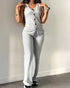 2 Pieces Outfit V-Neck Sleeveless Button Front Vest Top and Elastic Waist Slightly Flared Pants Set Casual Ribbed Brushed Loungewear gray