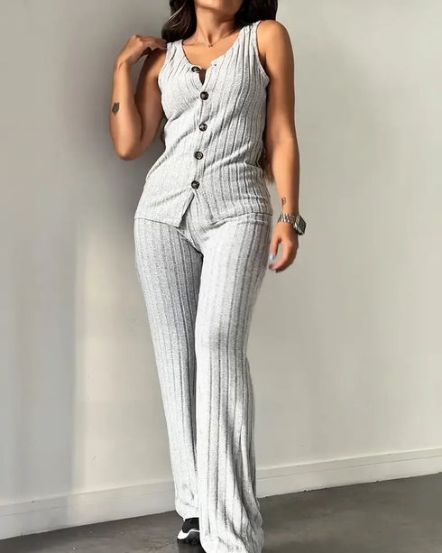 2 Pieces Outfit V-Neck Sleeveless Button Front Vest Top and Elastic Waist Slightly Flared Pants Set Casual Ribbed Brushed Loungewear gray