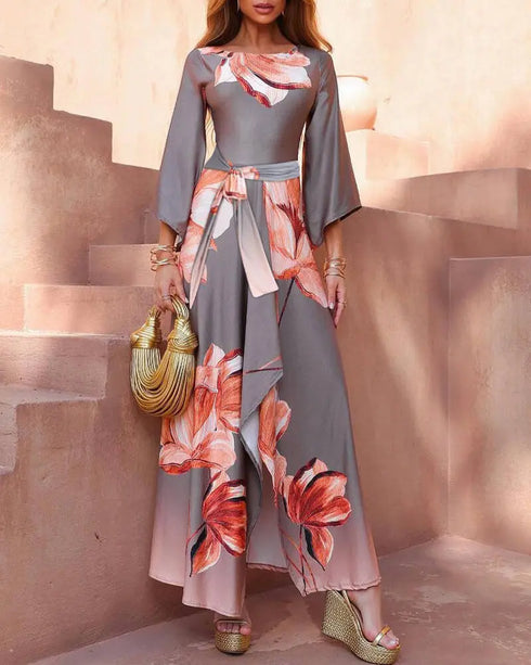 Floral Placement Print Off Shoulder Bow Tie Waist Dress Casual Asymmetrical Hem Vacation Dress gray