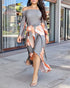 Floral Placement Print Off Shoulder Bow Tie Waist Dress Casual Asymmetrical Hem Vacation Dress gray