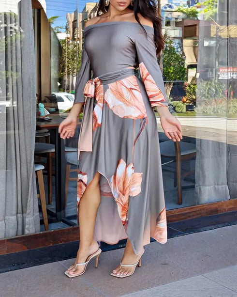 Floral Placement Print Off Shoulder Bow Tie Waist Dress Casual Asymmetrical Hem Vacation Dress gray