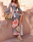 Floral Placement Print Off Shoulder Bow Tie Waist Dress Casual Asymmetrical Hem Vacation Dress gray