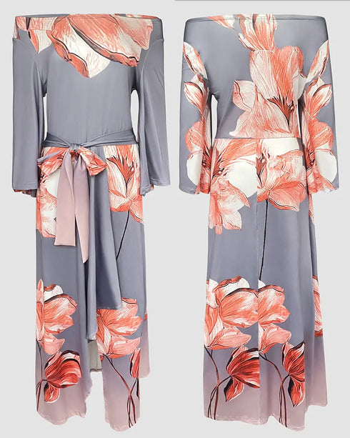 Floral Placement Print Off Shoulder Bow Tie Waist Dress Casual Asymmetrical Hem Vacation Dress gray