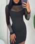 Long Sleeve Rhinestone Decor Bodycon Dress High Neck Sheer Mesh Patch Mini Dress black