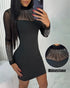 Long Sleeve Rhinestone Decor Bodycon Dress High Neck Sheer Mesh Patch Mini Dress black
