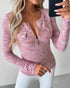 Crewneck Half Zipper Flap Detail Knit Sweater Long Sleeve Slim Fit Ribbed Pullover Top pink