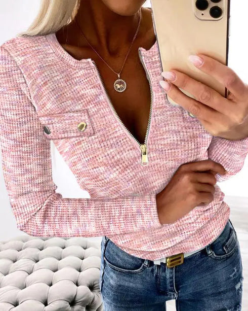 Crewneck Long Sleeve Ribbed Top Half Zipper Design Casual Pullover Tops pink