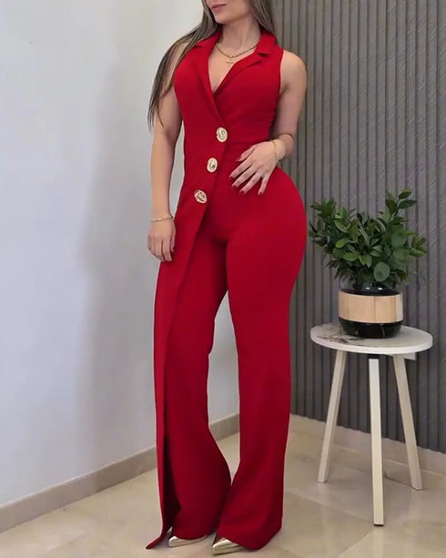 Button Decor Notched Collar Overlap V-Neck Sleeveless Wrap Front Overalls Casual Zipper Back Jumpsuit Wine red