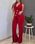 Button Decor Notched Collar Overlap V-Neck Sleeveless Wrap Front Overalls Casual Zipper Back Jumpsuit Wine red