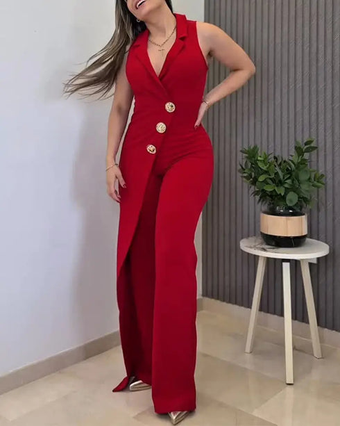 Button Decor Notched Collar Overlap V-Neck Sleeveless Wrap Front Overalls Casual Zipper Back Jumpsuit Wine red