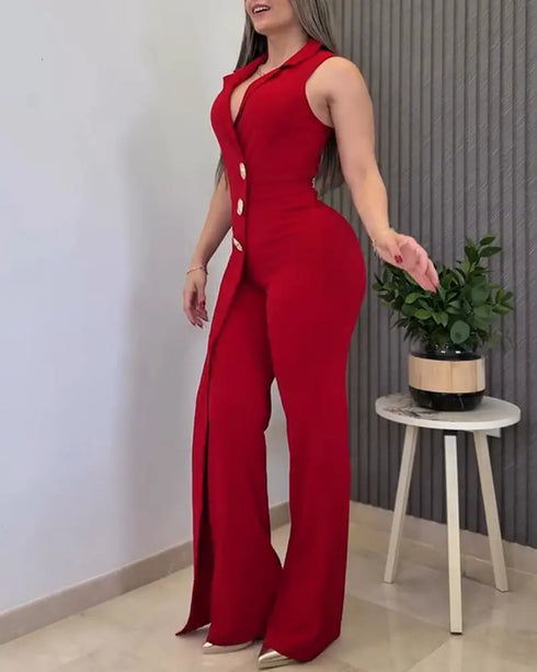 Button Decor Notched Collar Overlap V-Neck Sleeveless Wrap Front Overalls Casual Zipper Back Jumpsuit Wine red