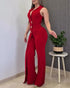 Button Decor Notched Collar Overlap V-Neck Sleeveless Wrap Front Overalls Casual Zipper Back Jumpsuit Wine red