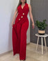 Button Decor Notched Collar Overlap V-Neck Sleeveless Wrap Front Overalls Casual Zipper Back Jumpsuit Wine red