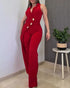 Button Decor Notched Collar Overlap V-Neck Sleeveless Wrap Front Overalls Casual Zipper Back Jumpsuit Wine red