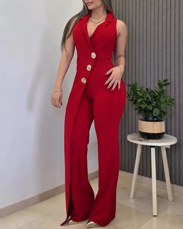 Button Decor Notched Collar Overlap V-Neck Sleeveless Wrap Front Overalls Casual Zipper Back Jumpsuit Wine red