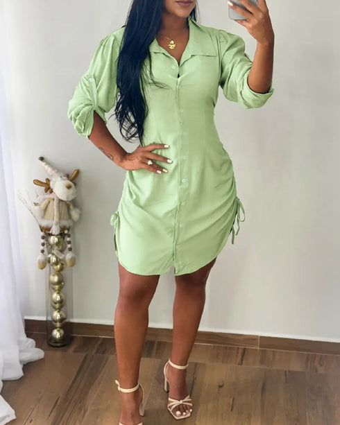 Button Down Shirt Dress Roll Tab Sleeve Side Drawstring Mini Dresses light green