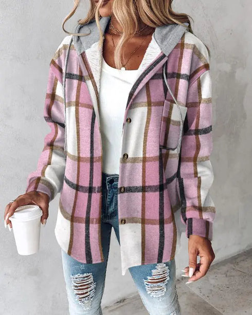 Plaid Print Long Sleeve Button Front Drawstring Hoodie Jacket Casual Pocket Design Thermal Lined Warm Coat pink