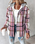 Plaid Print Button Front Pocket Design Drawstring Hoodie Jacket Casual Asymmetrical Hem Thermal Lined Warm Coat pink